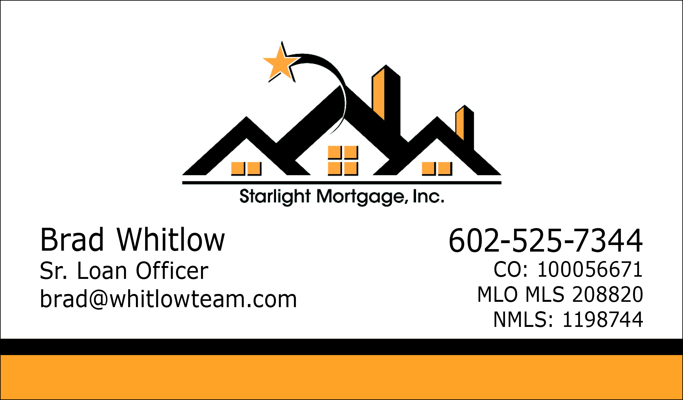 Starlight Mortgage, Inc. business card, one-sided, four-color