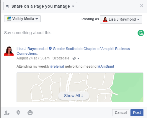 Facebook, sharing posts to page, change settings, Visibly Media LLC