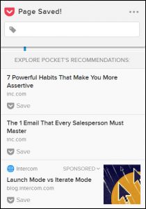 Pocket recommends articles for reading, saving
