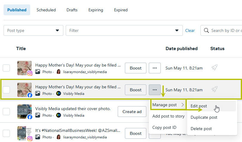 visibly media facebook page edit post meta business suite manage post edit post